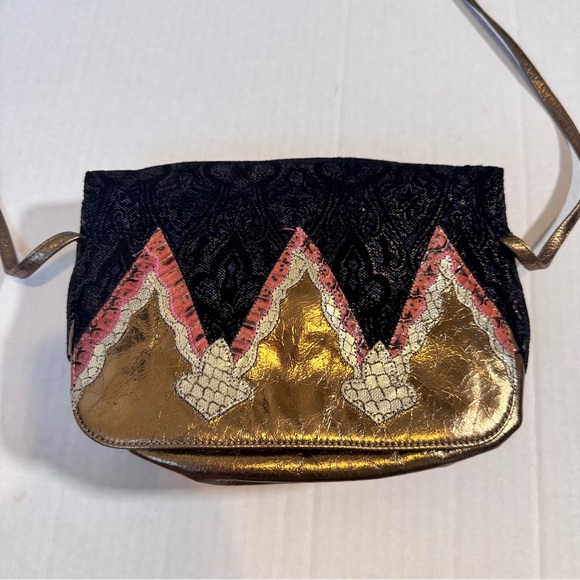 Carlos Falchi Vintage 80s Gold Leather Fabric Patchwork Handbag Crossbody Purse - Picture 1 of 9